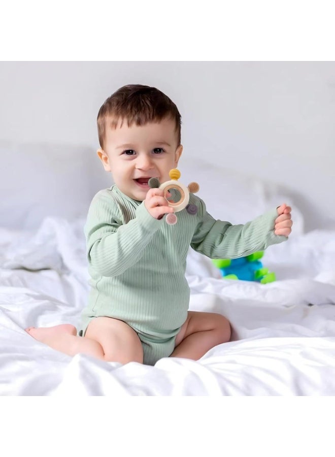 Mini Treasures BPA Free Baby TeetherToys - Silicone Toy with Wooden Rings for Soothing Teething Pain Relief - Image 3
